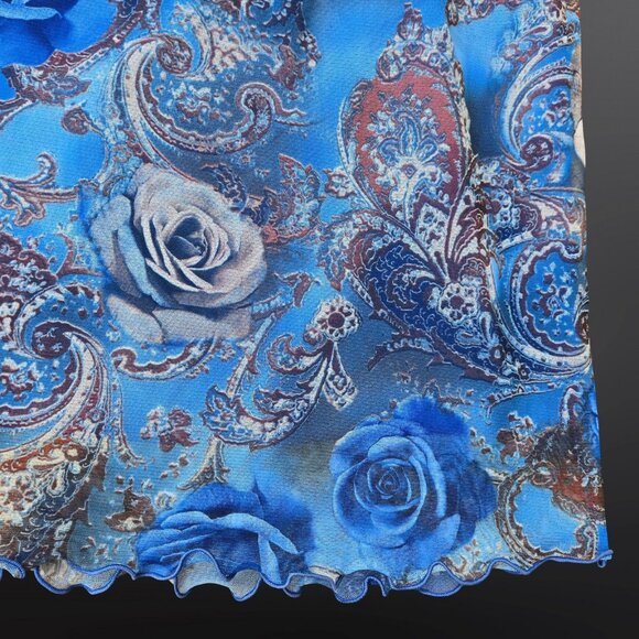 Y2K Blue Paisley Floral Midi Skirt Mesh Overlay Size L Fairy boho Elastic Waist - Picture 3 of 6